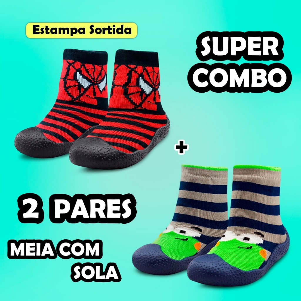 Kit 2 Pares Meia com Sola Bebê Emborrachada BB&Kids Estampas Sortida Antiderrapante Infantil Unissex