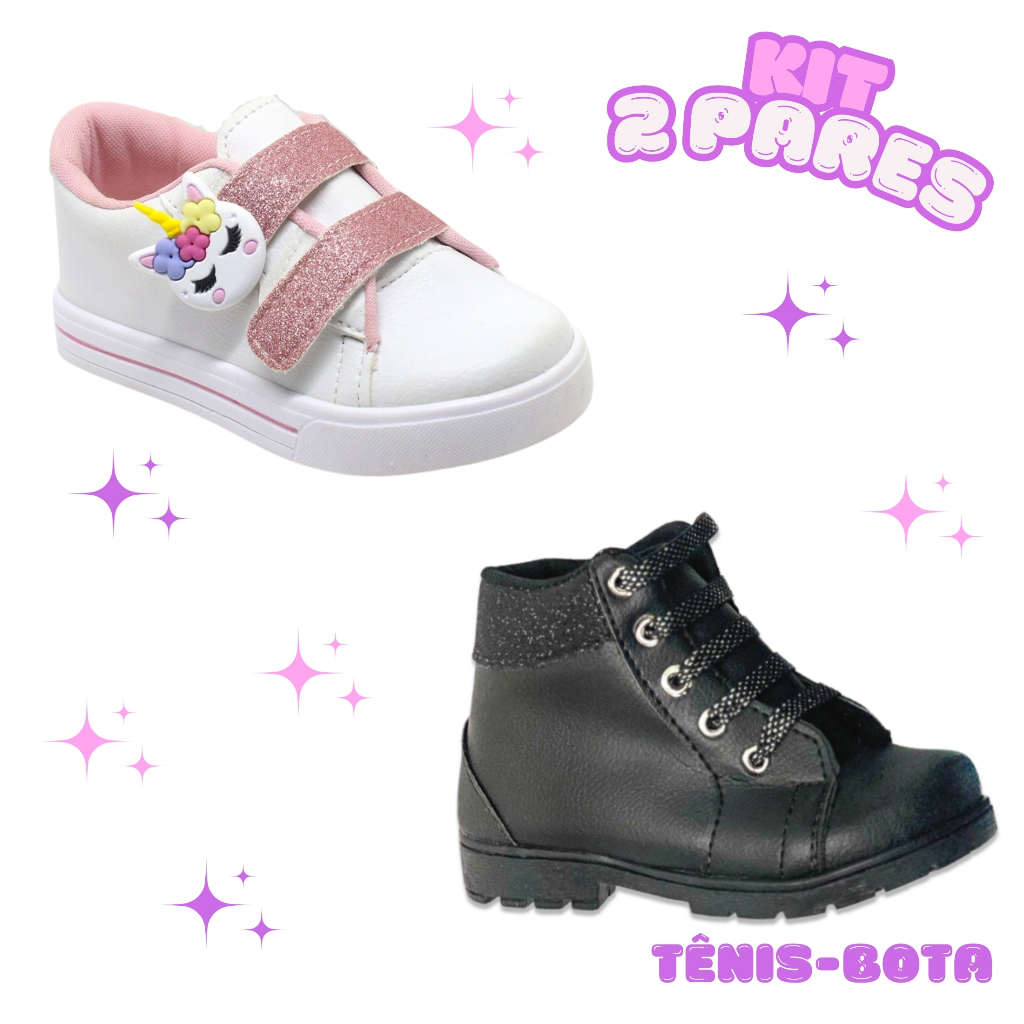 Kit 2 Pares Tênis Bota Preta Glitter Infantil Menina Casual Confortável Brilho Promoção do 20 ao 27