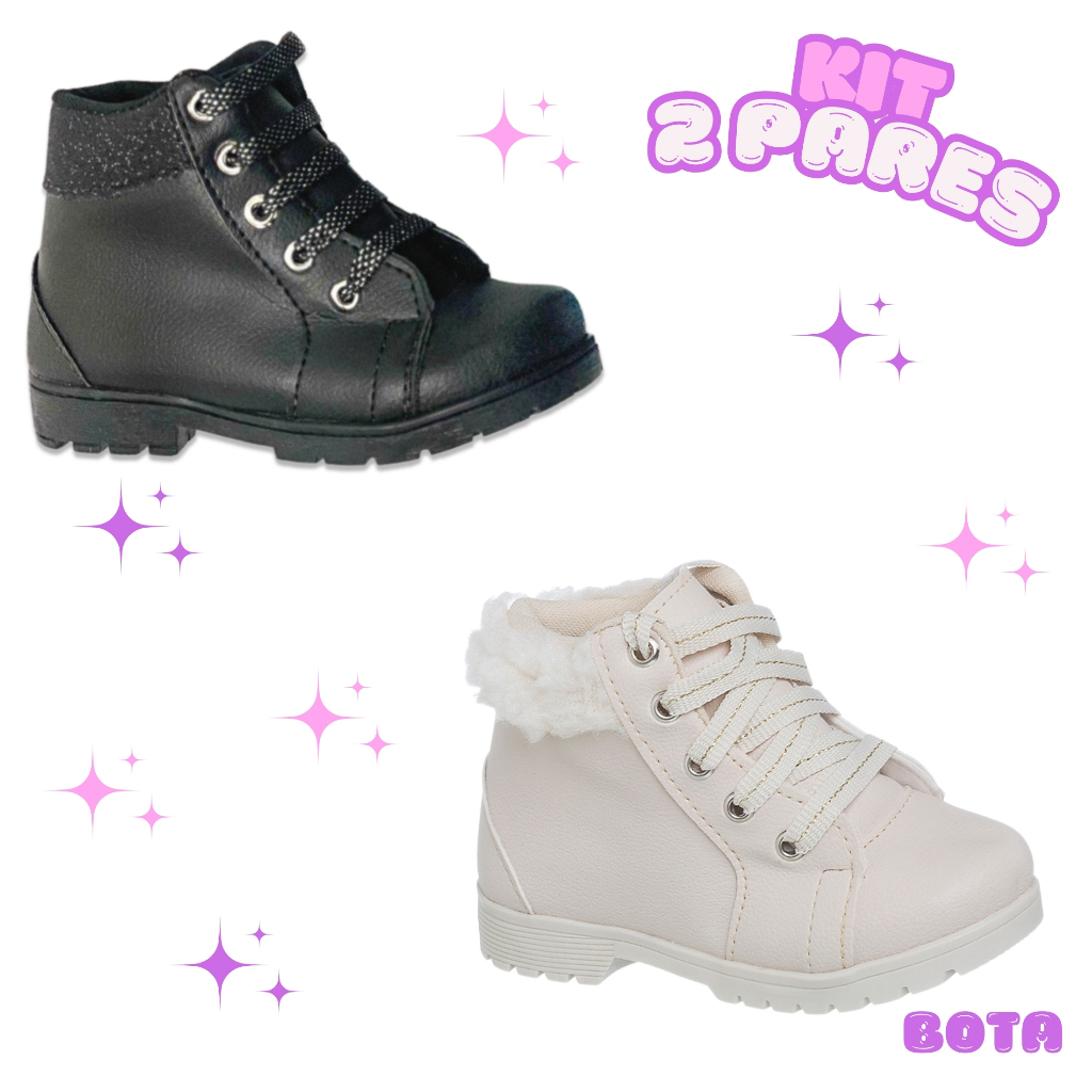 Kit 2 Pares Bota Glitter Pelinho Infantil Menina Casual Confortável Inverno Brilho Promoção do 20 ao 27