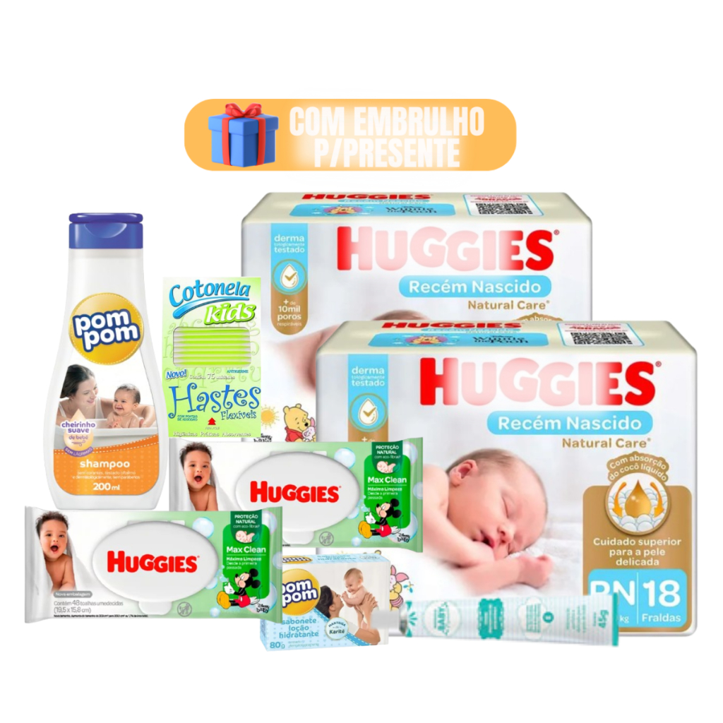 Kit Fraudas Descartáveis Pompom Lenços Umidecidos Shampoo Chá de Bebê