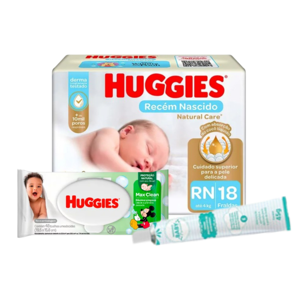 Kit de Higiene Bebe Fralda Descartável Huggies Pomada de assadura e Lenços Umedecidos Barato