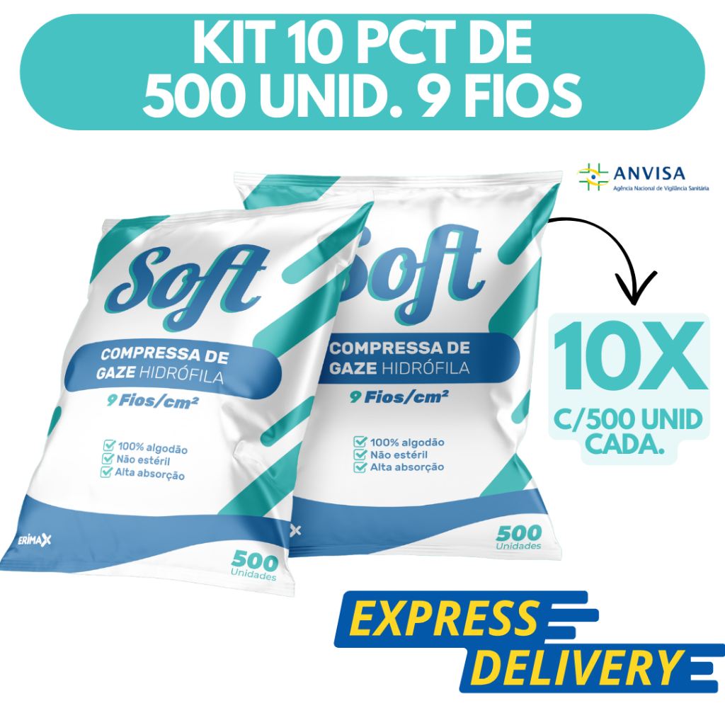 Kit 10 Compressa De Gaze 500 Unidades 9 Fios Soft Hidrófila Gazes Descartável Anvisa 5000 Unidades