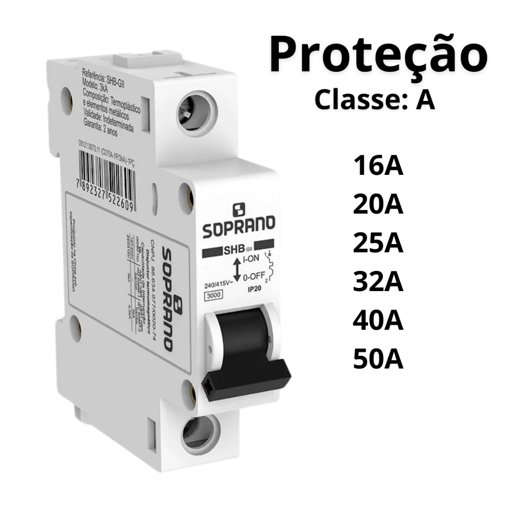 Disjuntor Monopolar Monofásico 1 Polo Classe A De Proteção 16A 20A 25A 32A 40A 50A