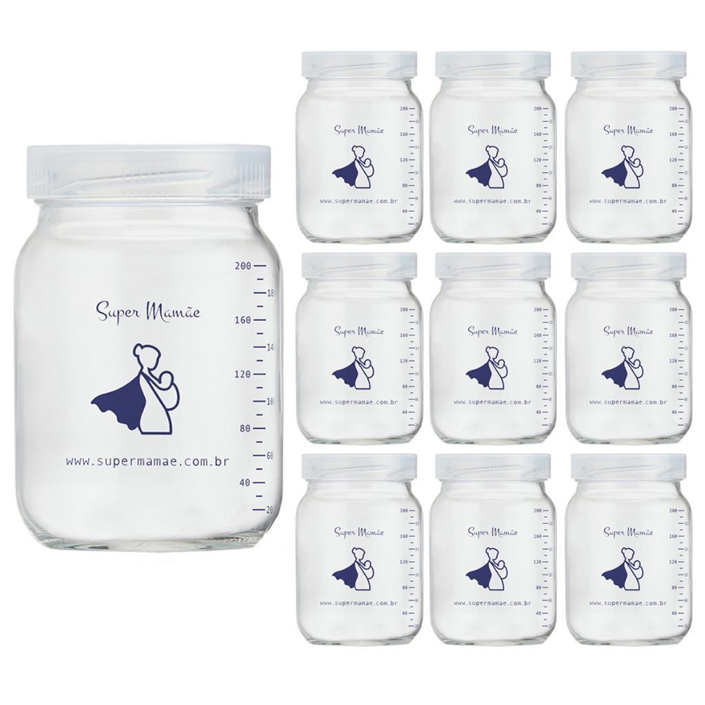 Kit com 10 Potes de Vidro para Armazenar Leite Materno 200ml Com Graduação