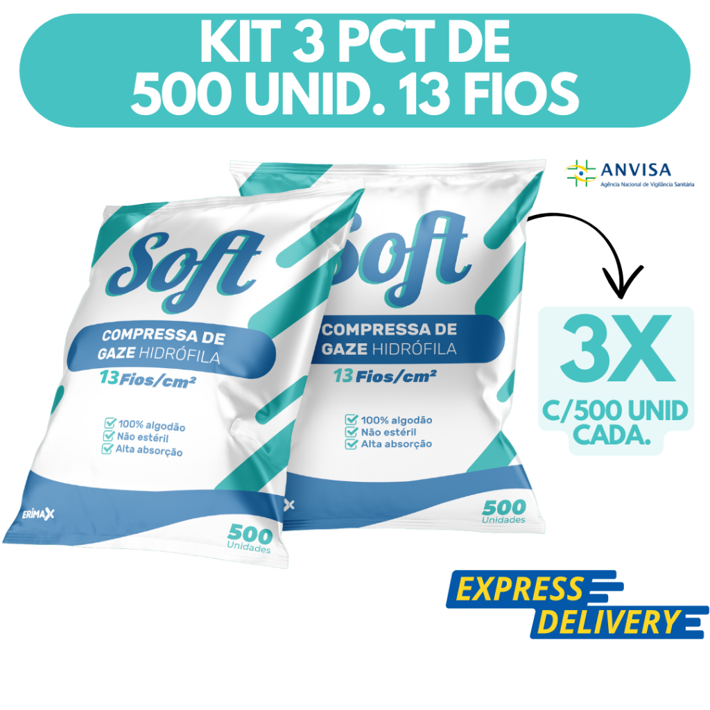 Compressa De Gaze 13 Fios Kit 3 1500 Unidades Soft Hidrófila Gazes Descartável Anvisa