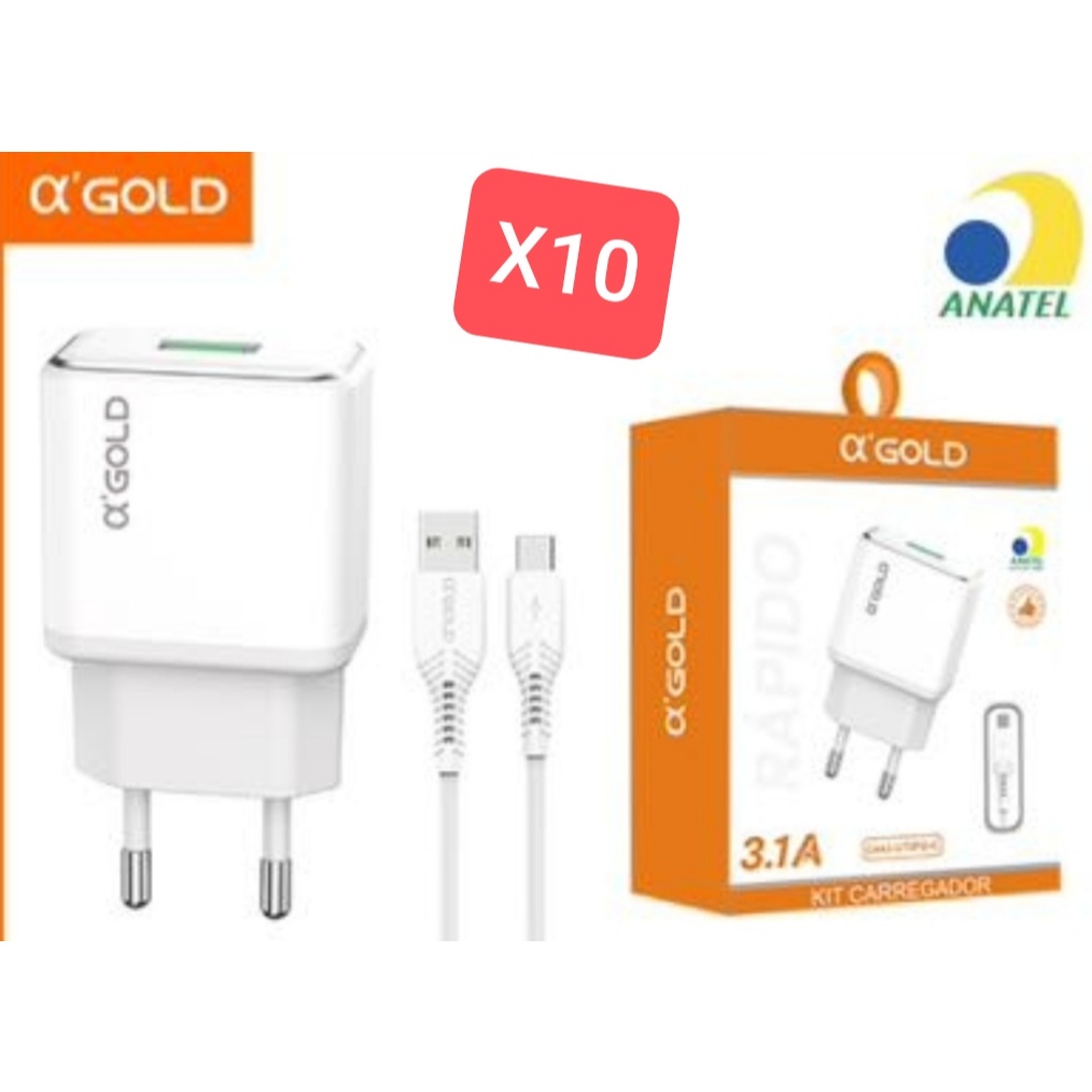 kit 10 CARREGADOR TIPO-C 3.1A 1 USB AGOLD CA43-3