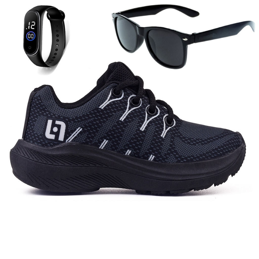 Tenis Infantil Meninos Casual Preto Preto + Óculos e Relógio Linkito