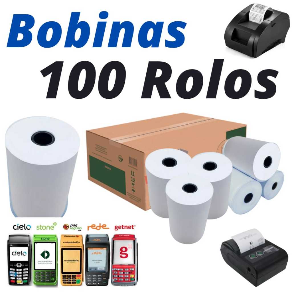 100 Bobinas Térmicas 58mm para mini impressora térmica e maquina de cartão