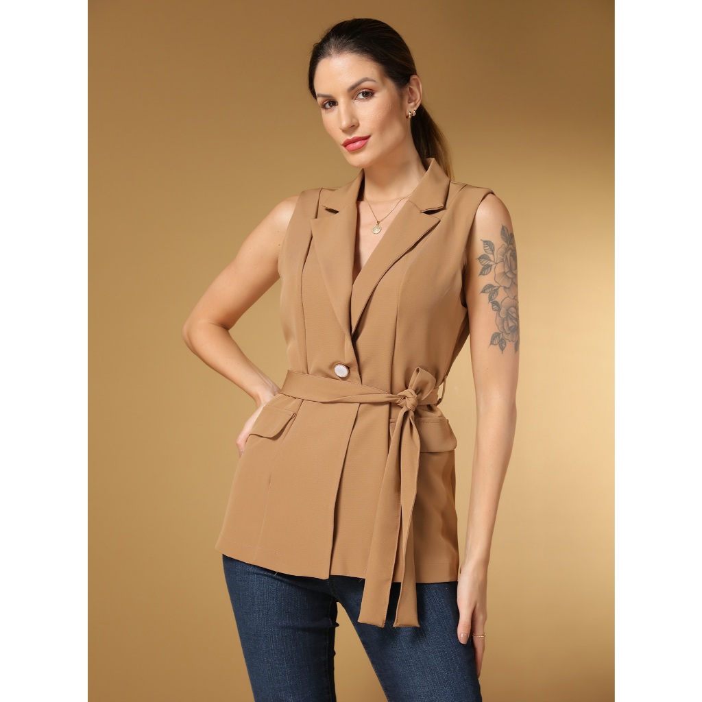 Colete feminino longo comprido  alfaiataria moda gringa cinto colete social