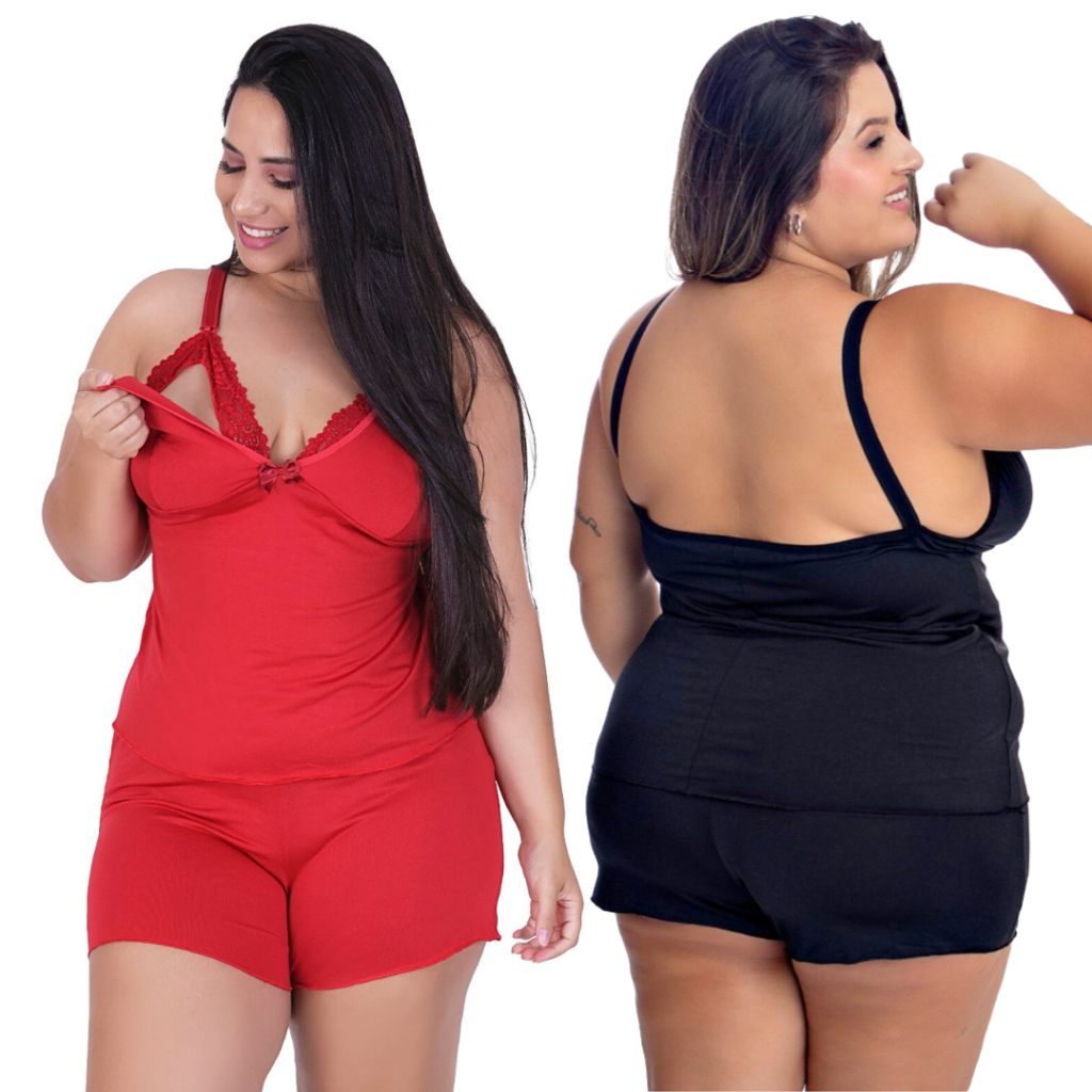 Kit 2 Baby Doll de Amamentação Pós Parto Plus Size Blusinha e Short com Renda e Alças maternidade