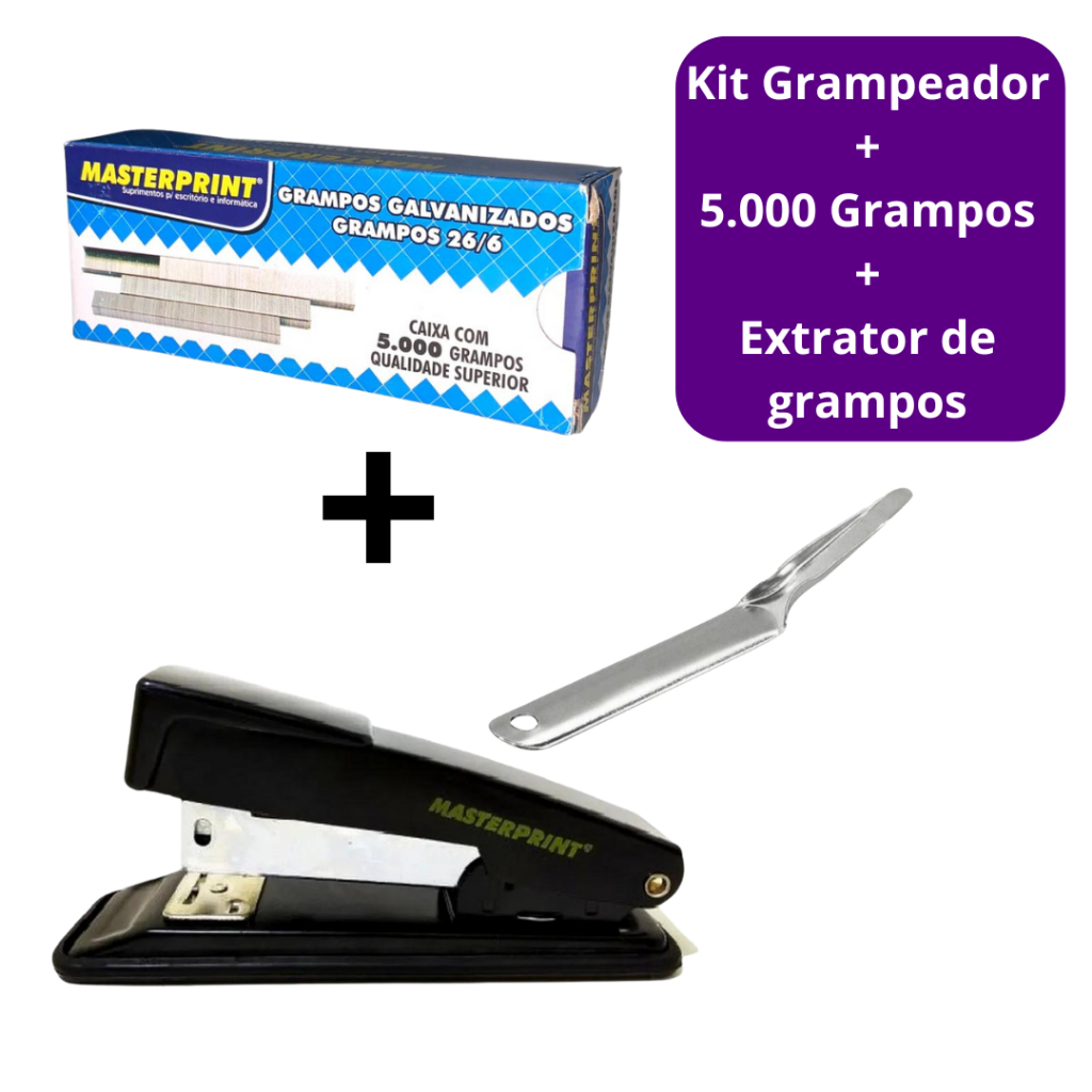 Kit Grampeador Metal + 5.000 Grampos 26/6 Galvanizados + Extrator de Grampos Escolar Escritório MASTERPRINT