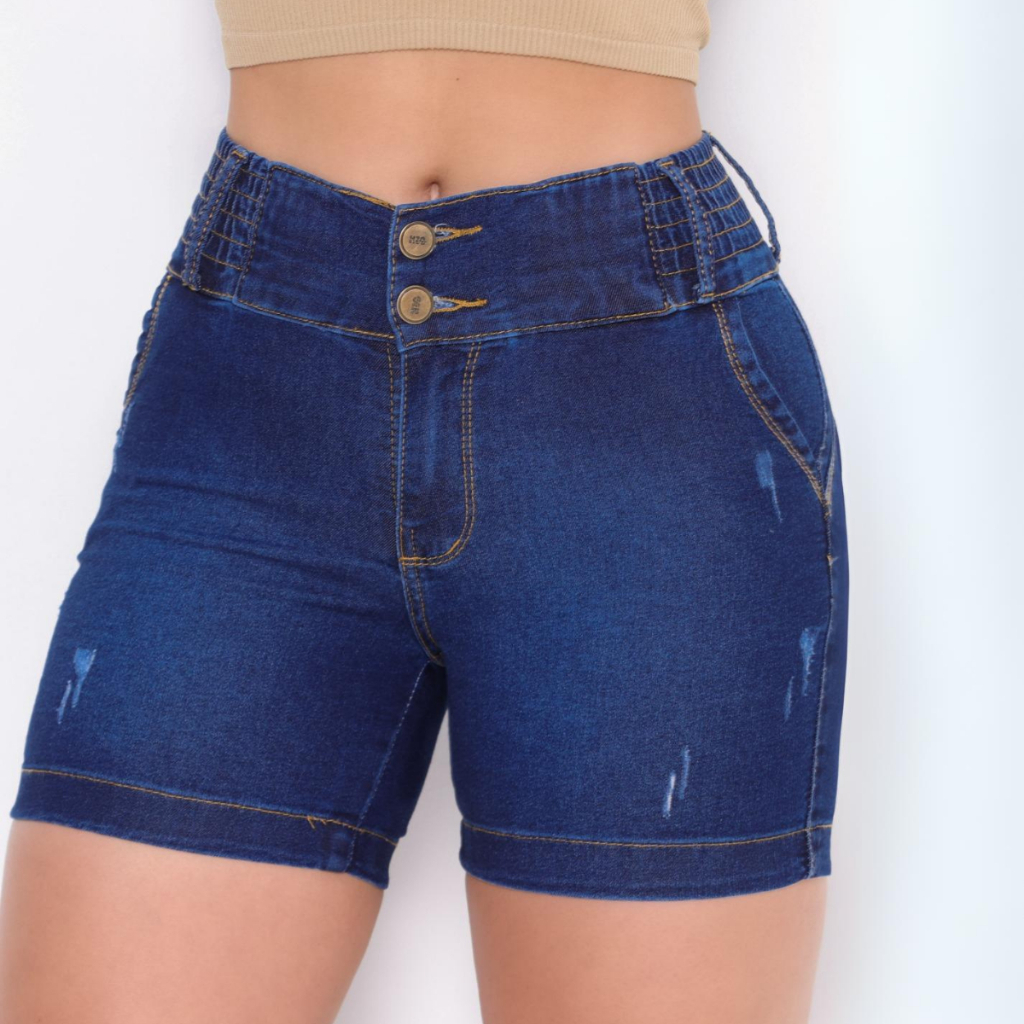 Short Feminino Jeans Levanta Bumbum Com Elastano Elástico no Cós Cintura Alta Bermuda Meia Coxa