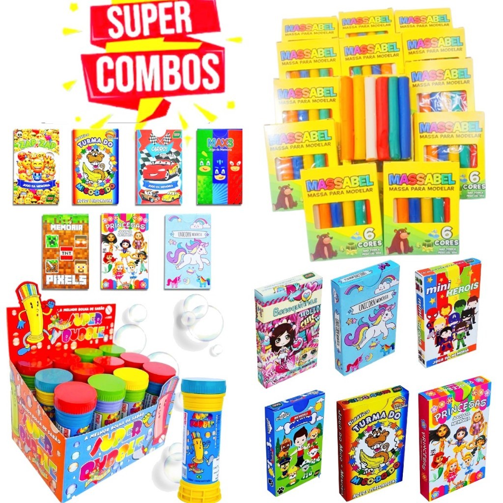 15 Massinha de Modelar + 15 Bolha Sabão + 15 Jogo Memoria Infantil Kit Festa Lembrancinha Infantil