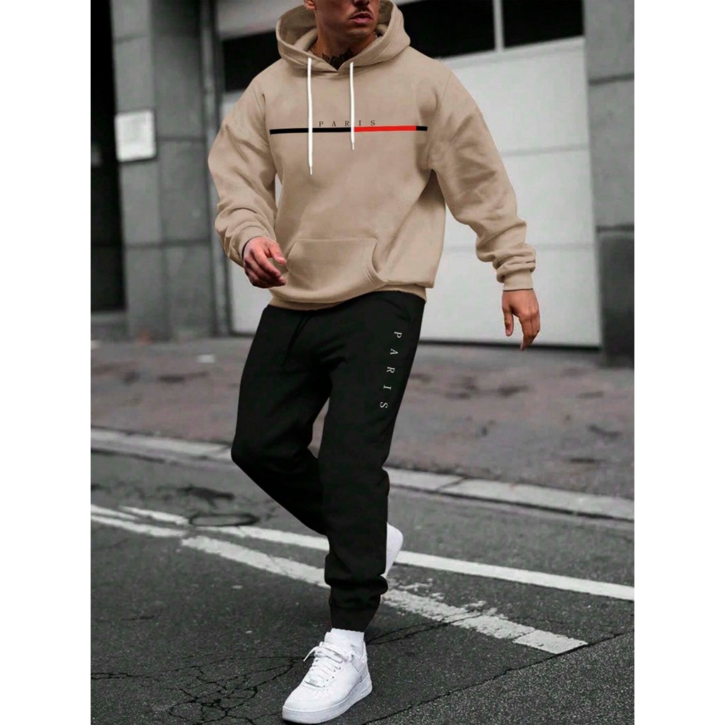 Conjunto Blusa de Frio Casaco Esporte Canguru Paris Com Bolso Capuz + Calça Paris Moletom Unissex