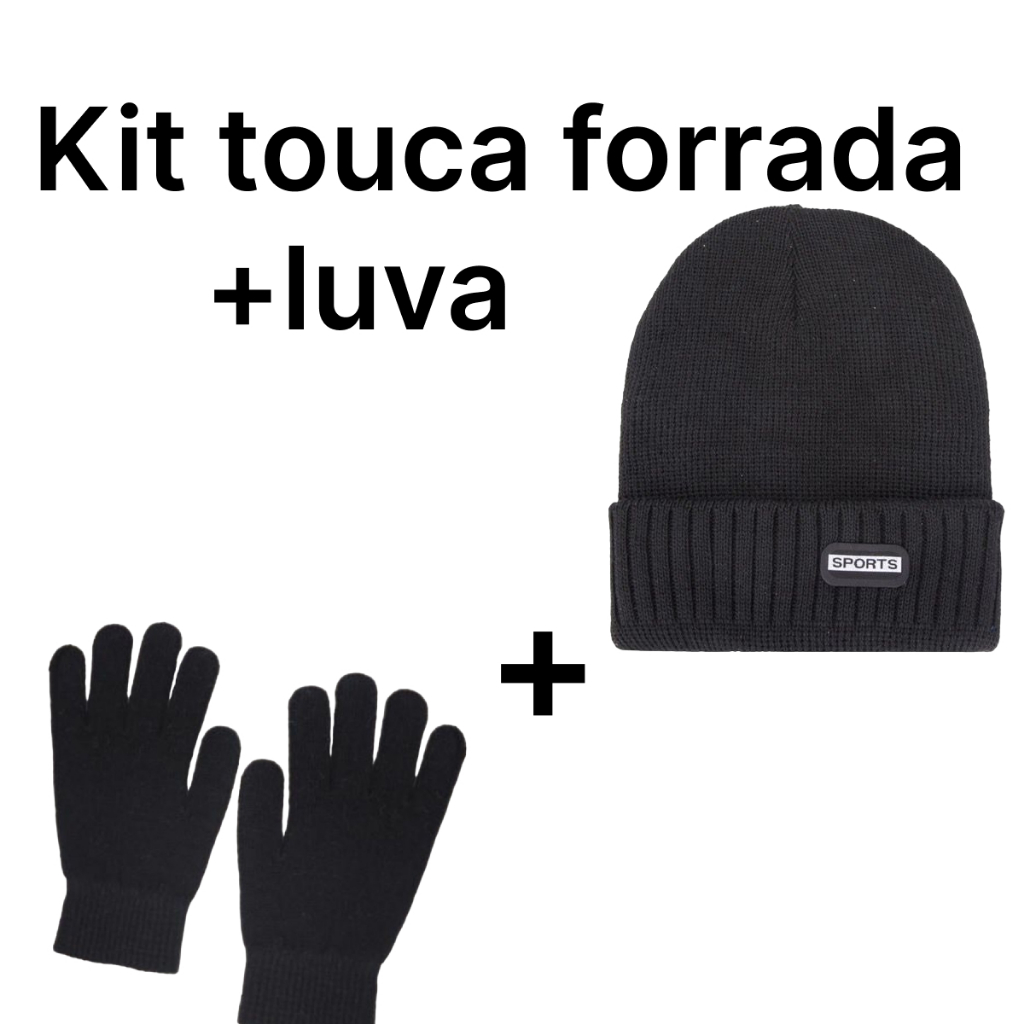 Kit Touca Forrada Sport + Luva Adulto Unissex Básica Lã Preta Inverno