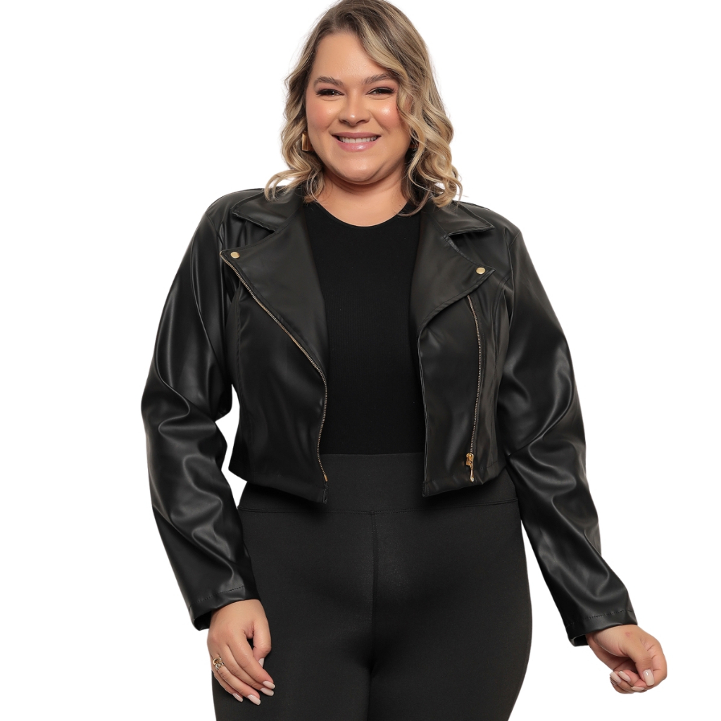 Jaqueta Plus Size Feminina Couro Sintético Fechamento Zíper Elegante