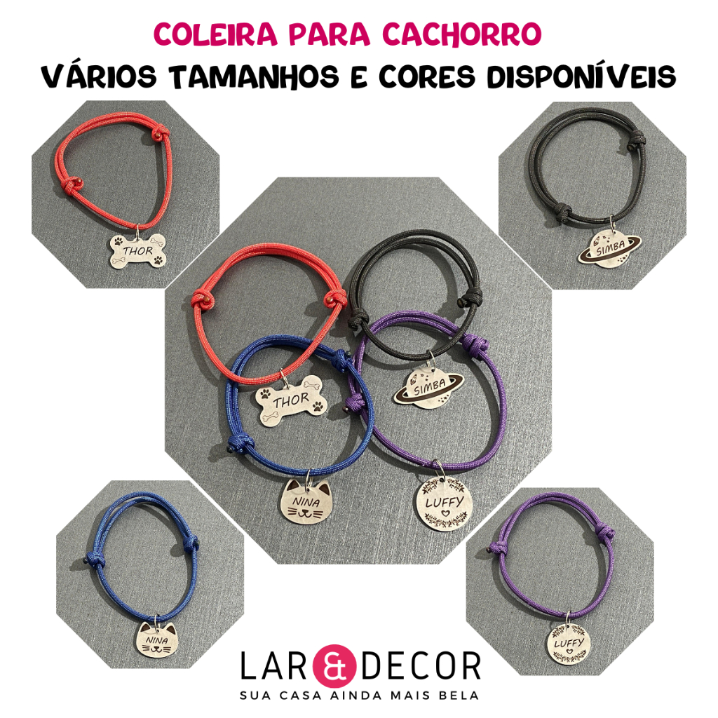 Placa de Identificação Pet Personalizado + Coleira para Cachorro Gato Plaquinha