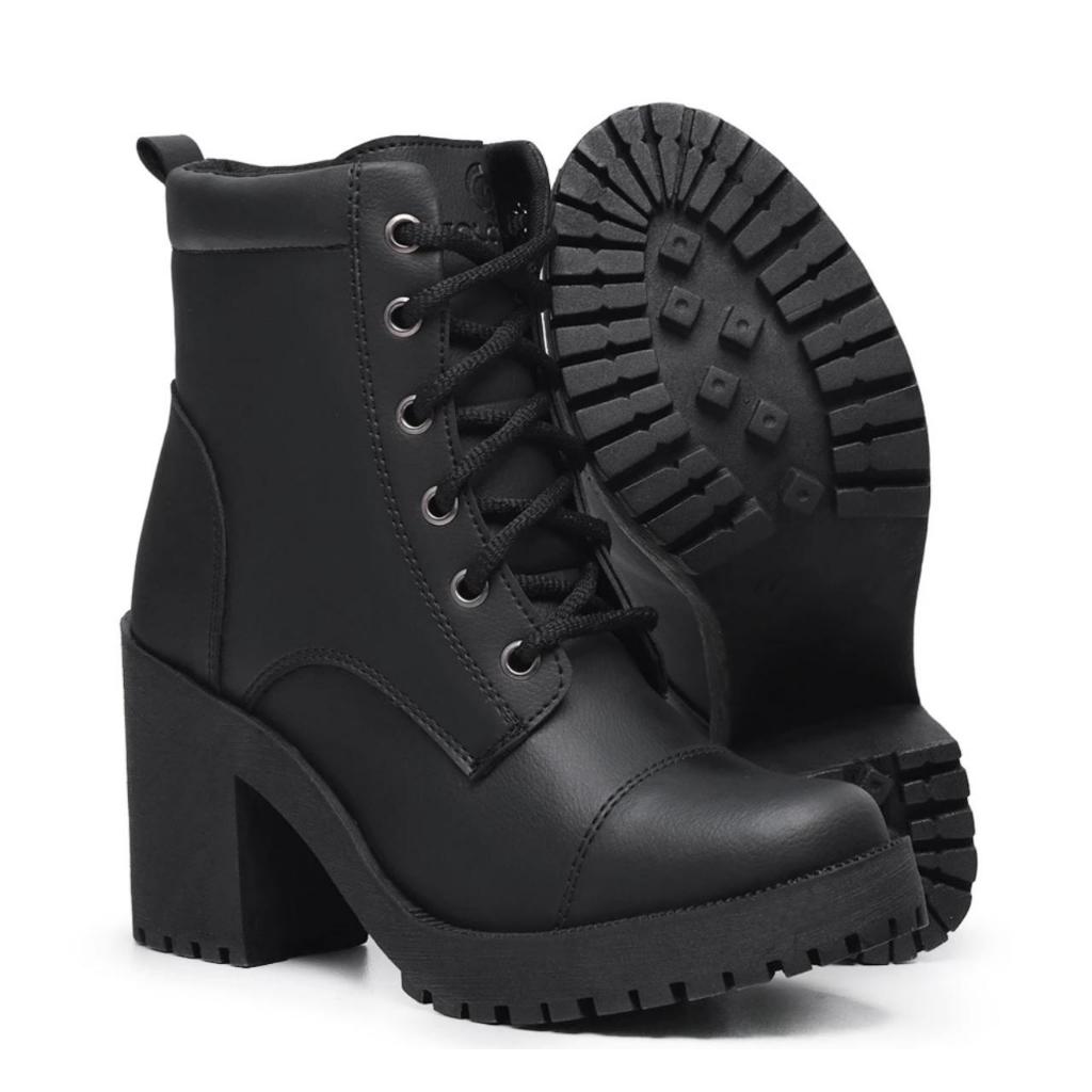Bota Botinha Feminina Casual De Salto Alto Confortável Blogueira Tratorada De Cano Medio
