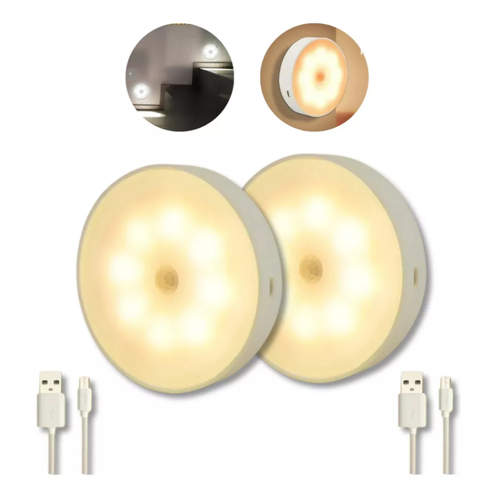 Kit 2 Lâmpada de Parede com Sensor de Movimento de 8 LEDs Recarregável por USB