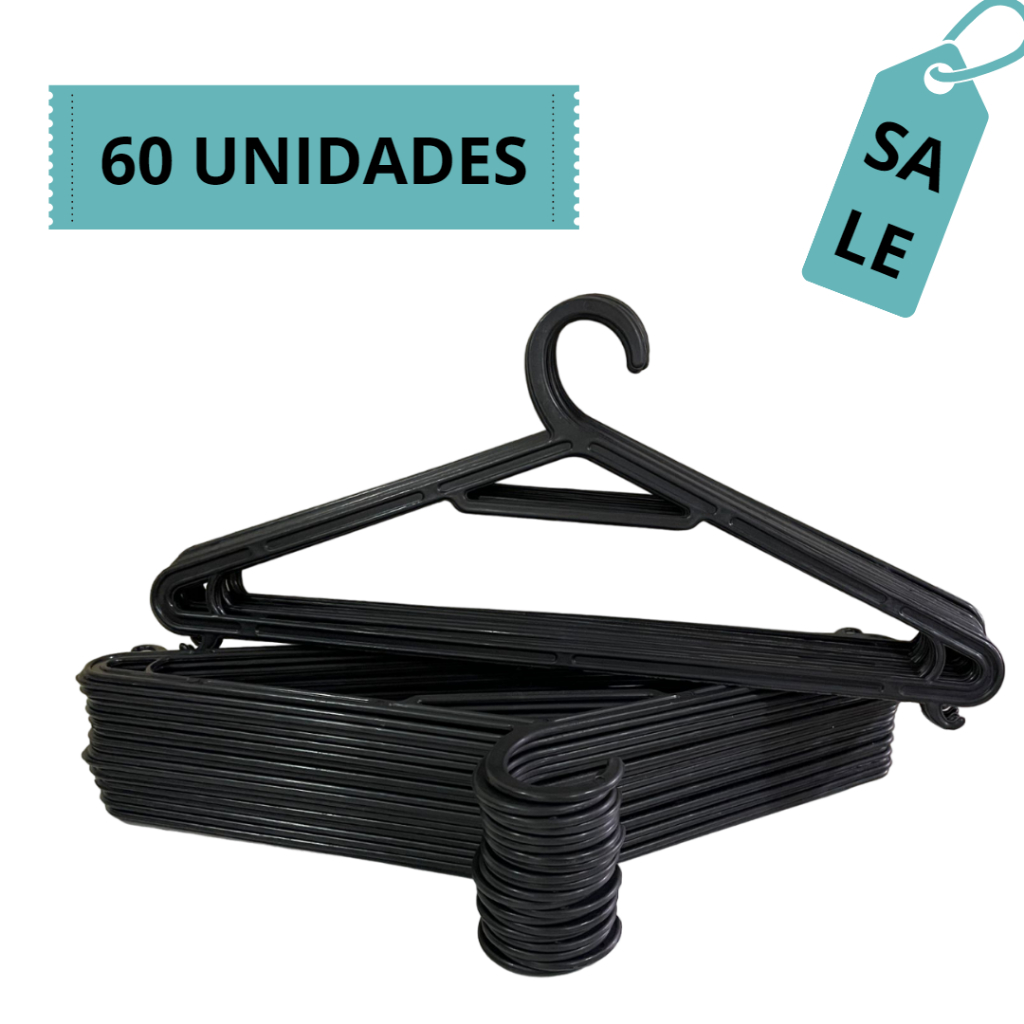 Kit 60 Cabides Organizador de Roupas Adulto Preto G002