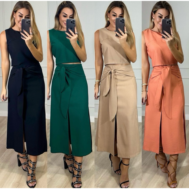 Conjunto colete feminino + saia midi, diferentes métodos de amarração, saia midi com fenda dupla -adequado para o verão.