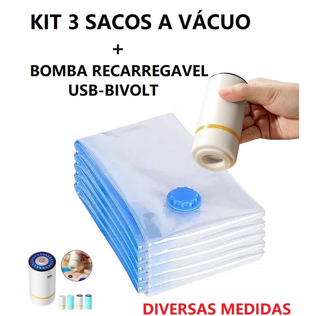 Conjunto 3 Sacos A Vácuo E Bomba De Ar Recarregável Manual Bivolt E Usb Diversos Tamanhos Multiuso