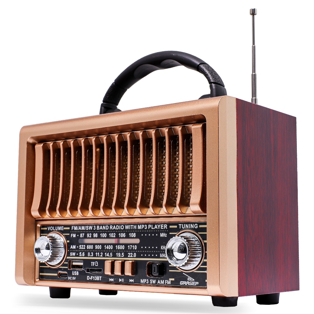 Rádio Retro Portátil Bluetooth Pen Drive Cartão SD AM FM SW Antena Analógica Com Alça