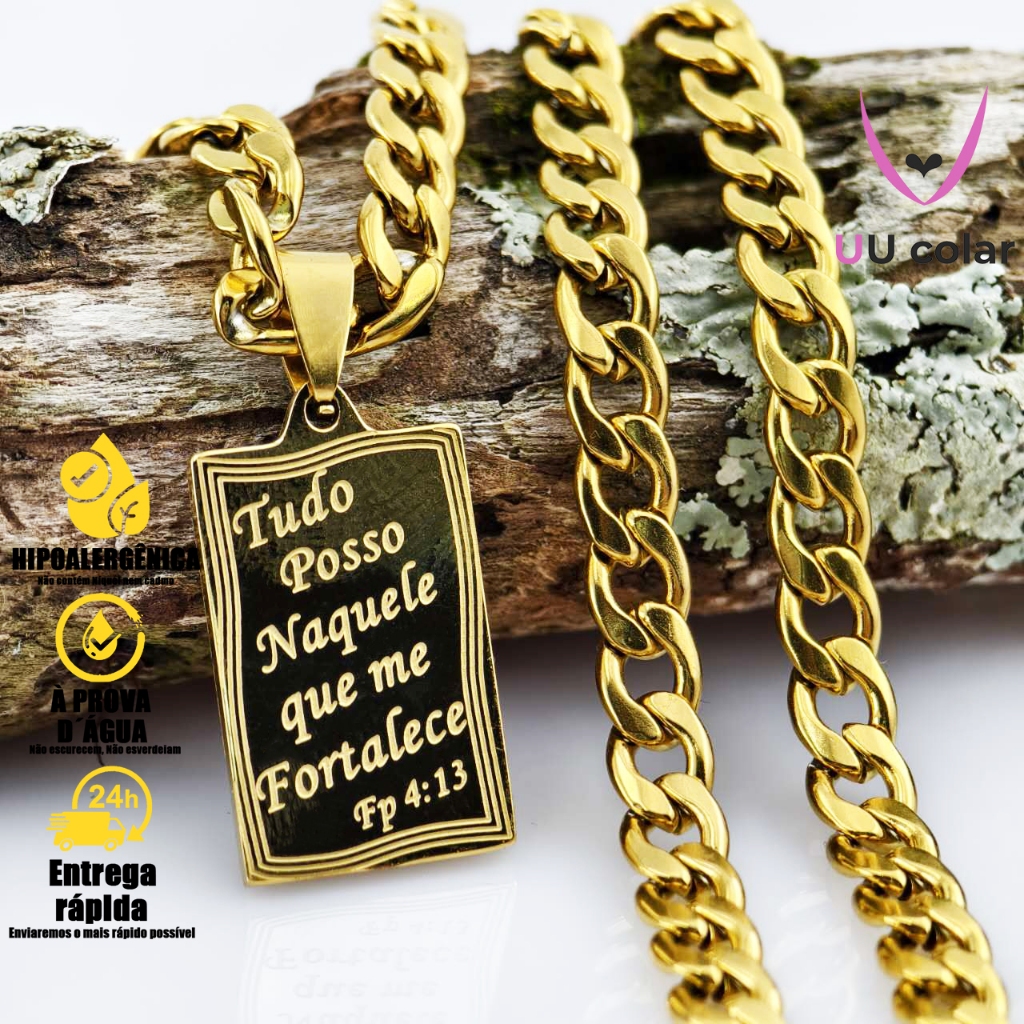 Colar Grumet 4mm de 60-70cm com Pingente "Tudo Posso" - Banhado a Ouro 18K, Não Escurece