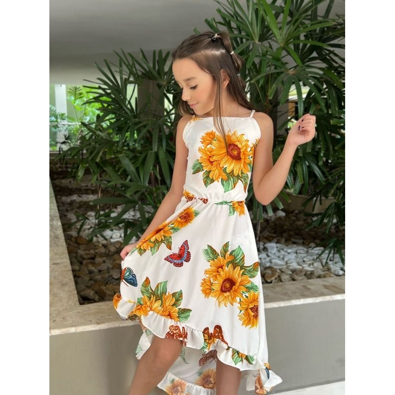 Vestido Feminino Infanto-Juvenil Mullet Sereia Tendência Estampado Verão Alça Fina