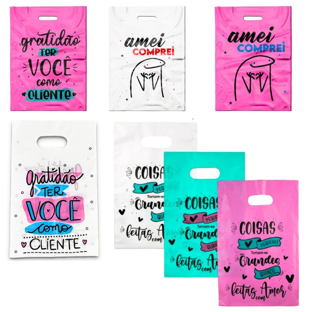 50 Sacolas Sorriso Plásticas Personalizadas – Frases “Gratidão”, “Coisas Pequenas” e “Amei, Comprei”