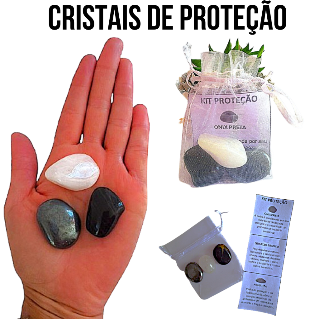 Cristais Para Proteção - Quartzo Branco, Onix e Hematita - Kit de Pedras de Cristais 100% Natural