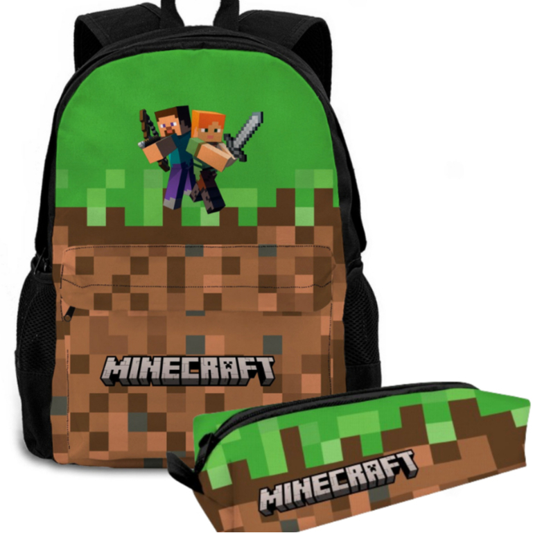 Kit Mochila Minecraft Bolsa Escolar Com Estojo Para Crianças Resistente Reforçada Ajustável