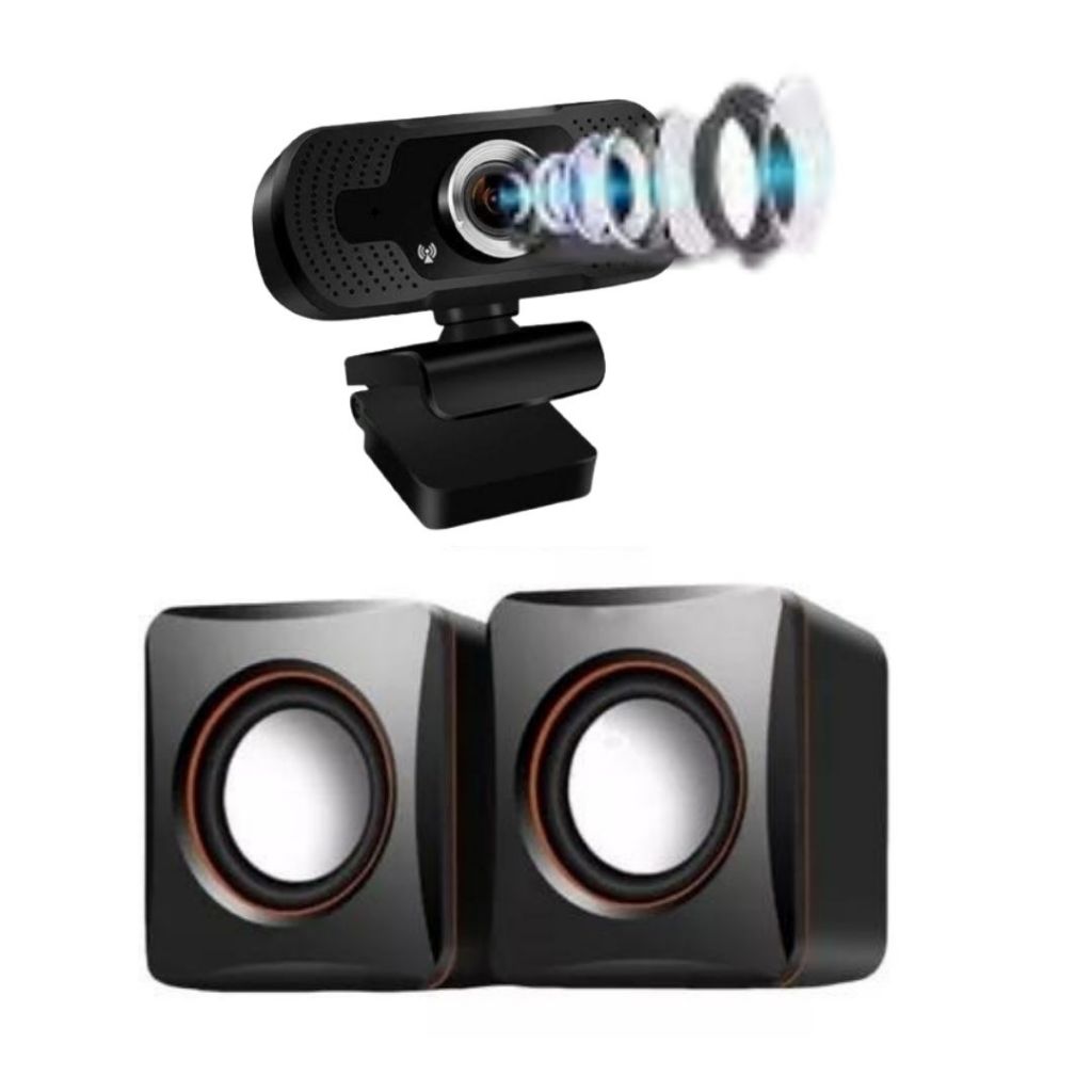 Kit Webcam Full Hd 1080p Auto Foco C/microfone + Caixa De Som Pc Multimídia