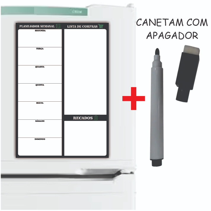 Imã de Geladeira Planner Semanal Magnético com Caneta Escreve e Apaga