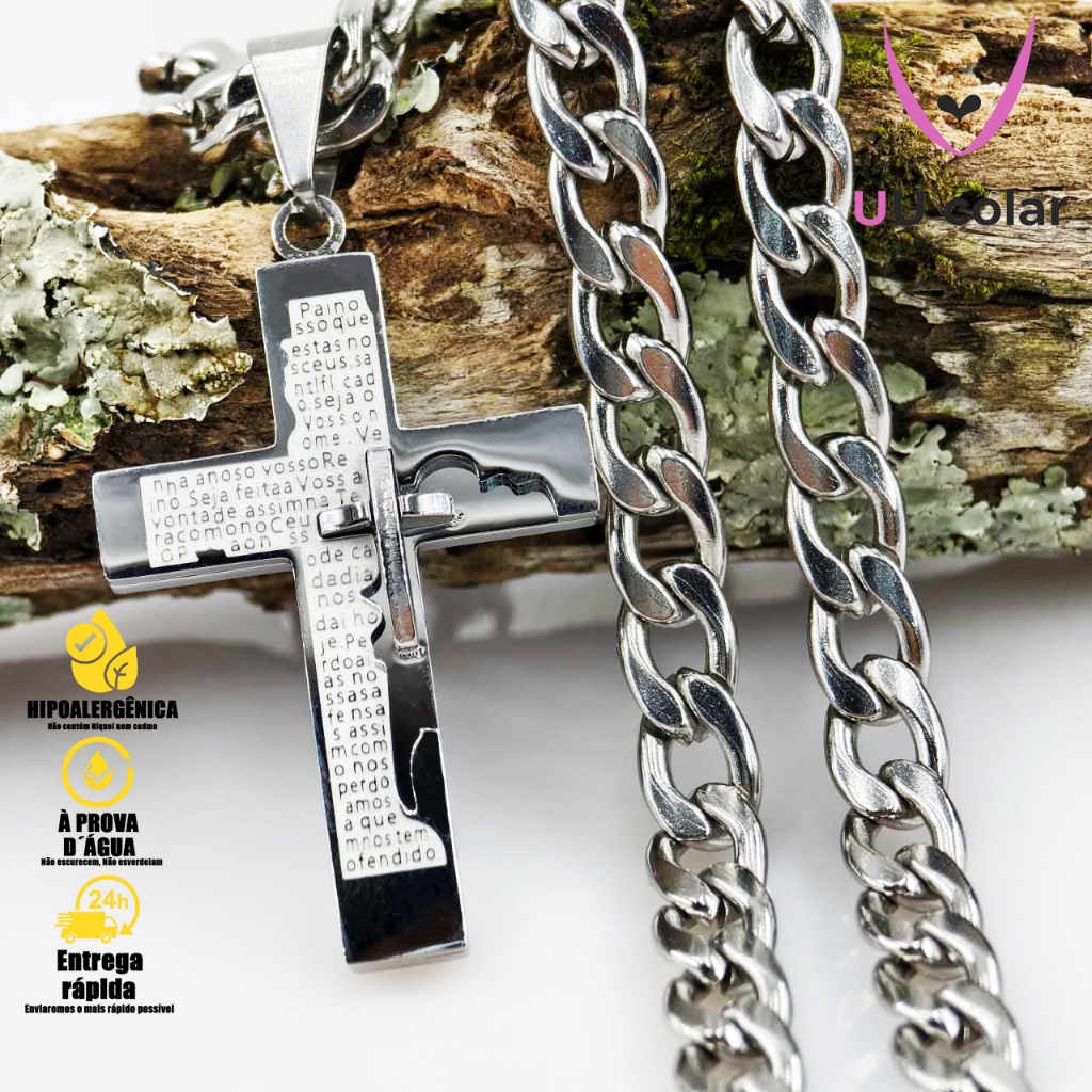 Colar Masculino de Corrente com Pingente de Crucifixo e Oração Pai Nosso - Aço Inox com Banho de Prata, Presente Ideal