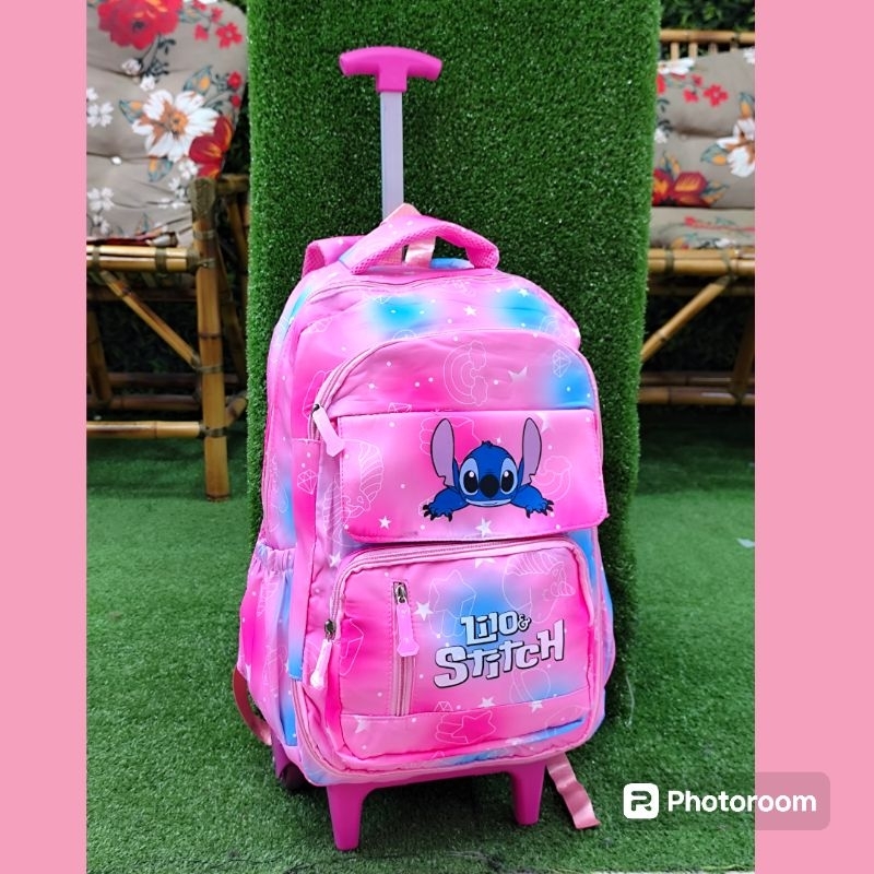 Mochila Feminina com Rodinha Stitch Estampado Escolar de Nylon Impermeavel Infantil sitich rosa