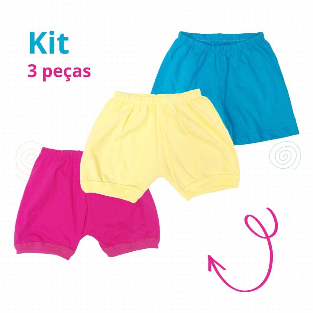 KIT 3 Shorts Bebê / Infantil (100% Algodão) Malha leve e Confortável