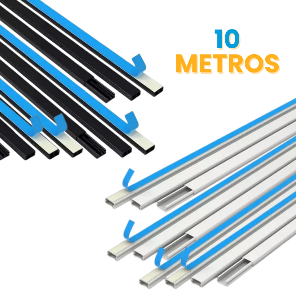 Canaleta 10 Metros Organizador de Fios Preta Branca Sistema X Com Fita Adesiva e Divisória 20x10mm