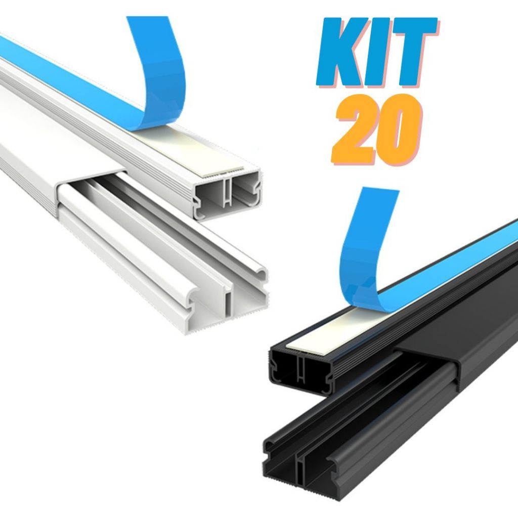 Canaleta 20 Metros Organizador de Fios Preta Branca Sistema X Com Fita Adesiva e Divisória 20x10mm