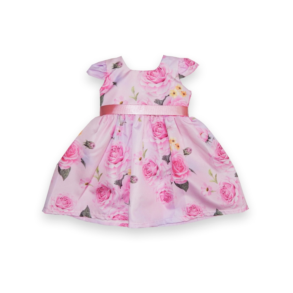 Vestido Bebê P-M-G Estampado Saia Rodada com Laço Cetim