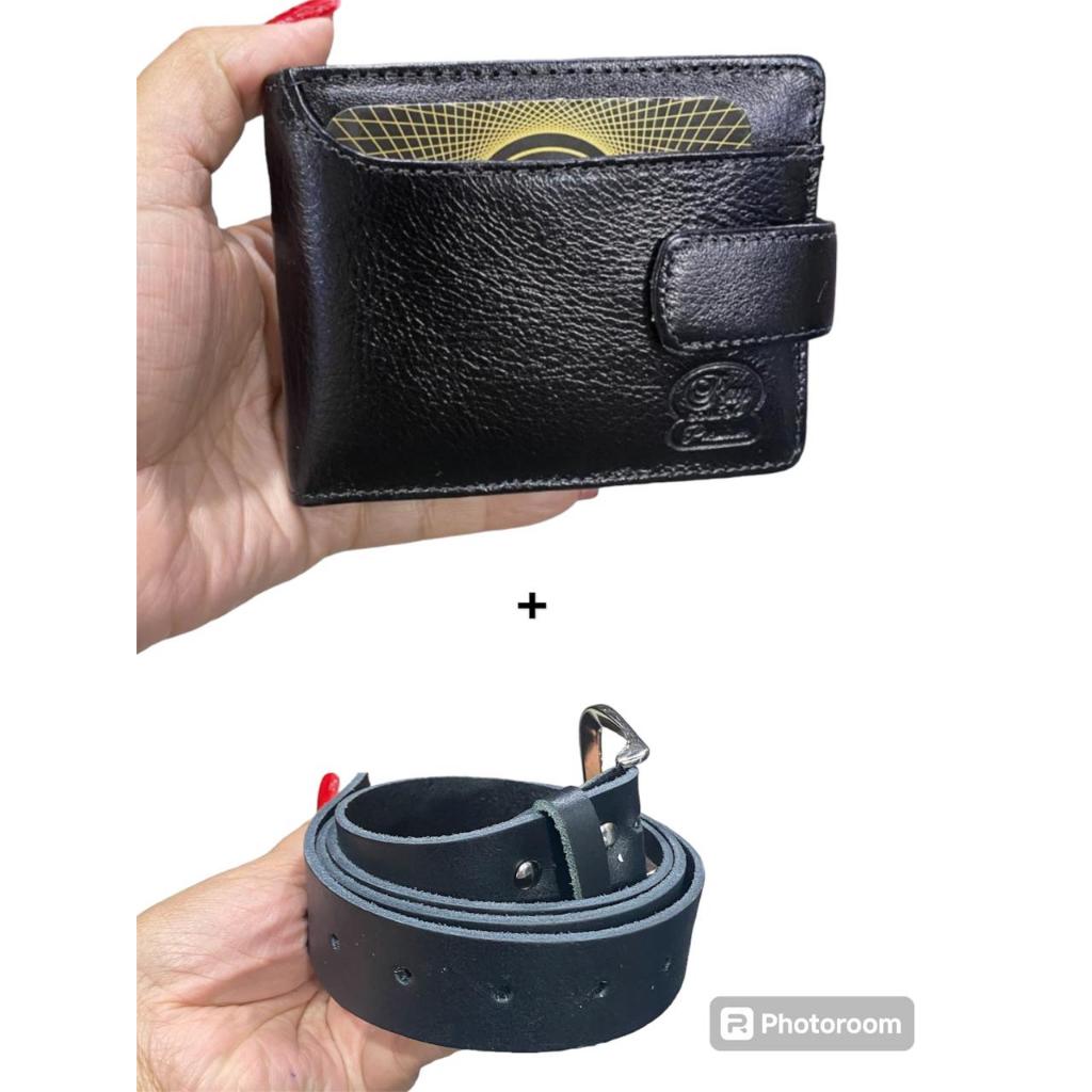 Kit Carteira Masculina em Couro Legítimo de fecho + Cinto social couro legitimo preta