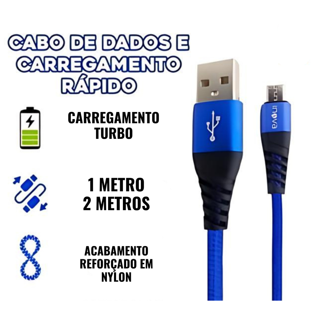 Cabo Carregador Turbo 1 Metro 2 Metros Reforçado V8 Tipo C com Adaptador Iphone