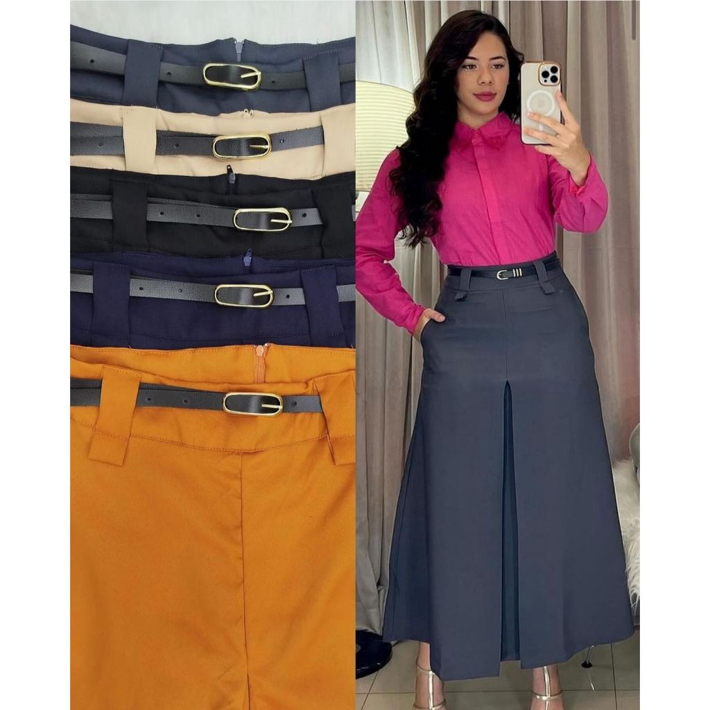 Saia Longa Alfaiataria Fit e Flare Moda Evangélica Tendência Feminino Com Cinto -0237
