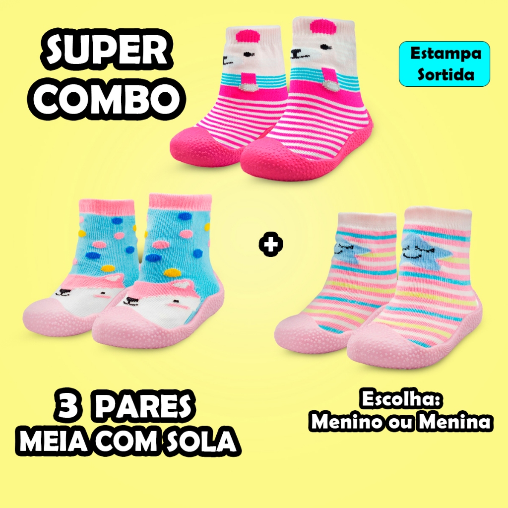 Kit 3 Pares Meia com Sola Bebê Estampa Sortida Cano Longo Emborrachada Lolikids Meninos e Meninas