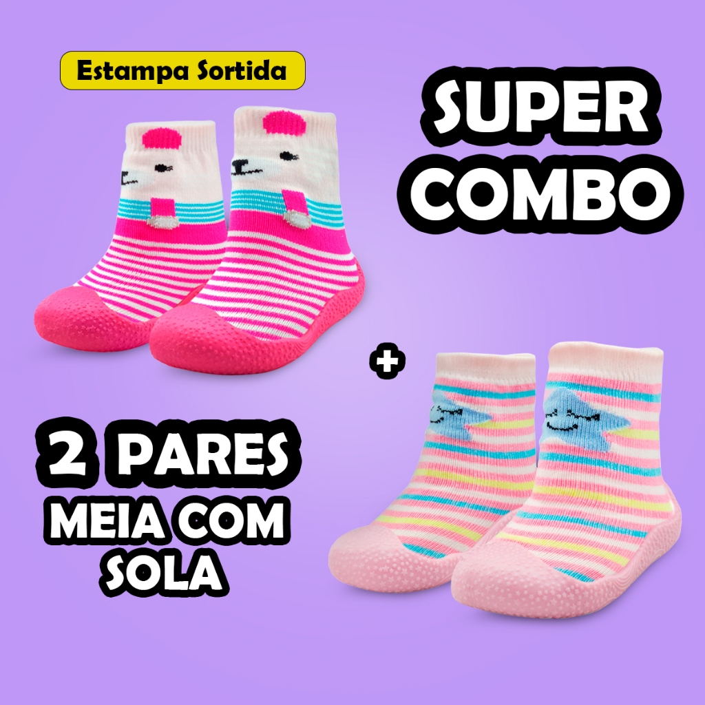 Kit 2 Pares Meia Com Sola Bebê Emborrachada Lolikids Sortida Antiderrapante Infantil Unissex