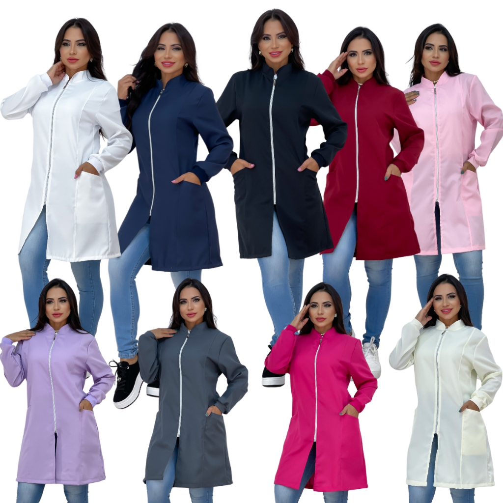 Jaleco Zíper Feminino Com Punho Manga Longa Bolso Lateral Gola Padre Caimento Acinturado Tecido Premium