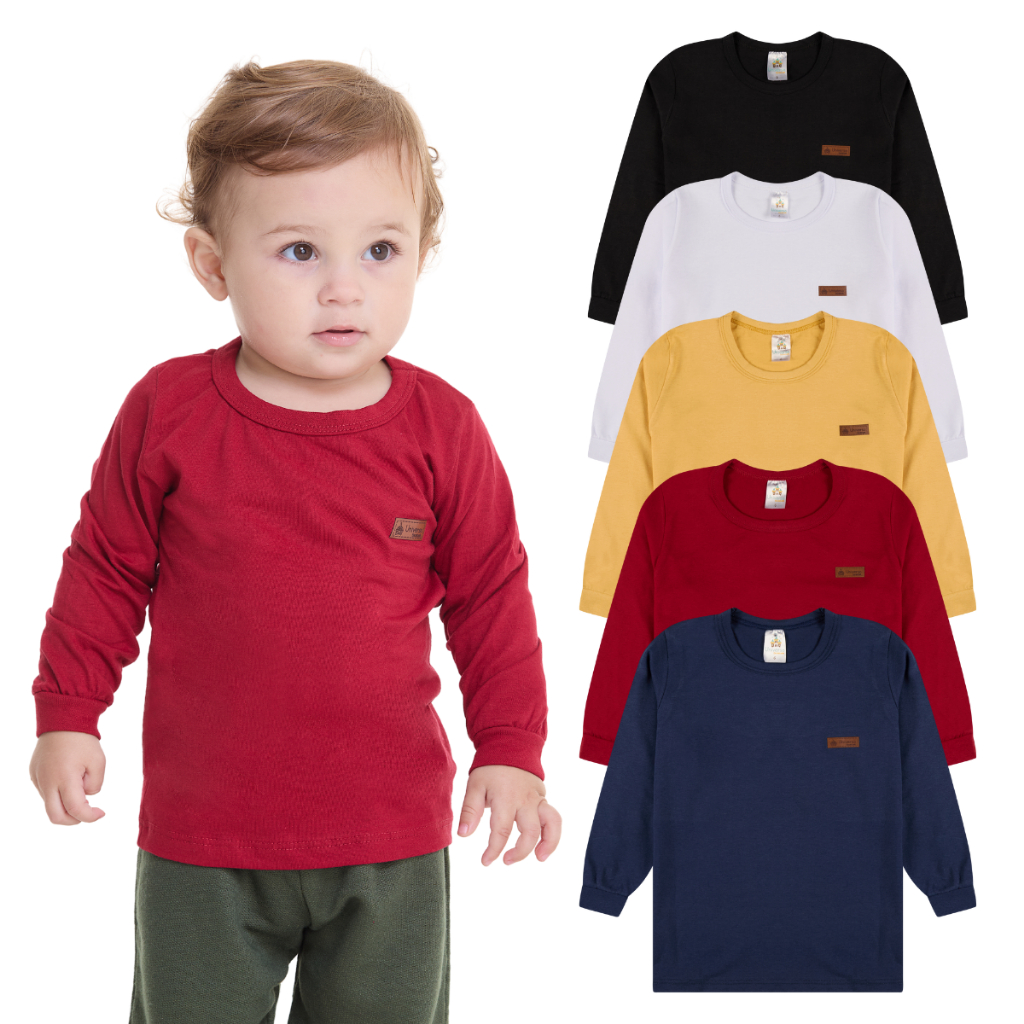 Kit 3 Camisetas Manga Longa Infantil Bebê Menino Básica Lisa Tamanho 2 ao 10