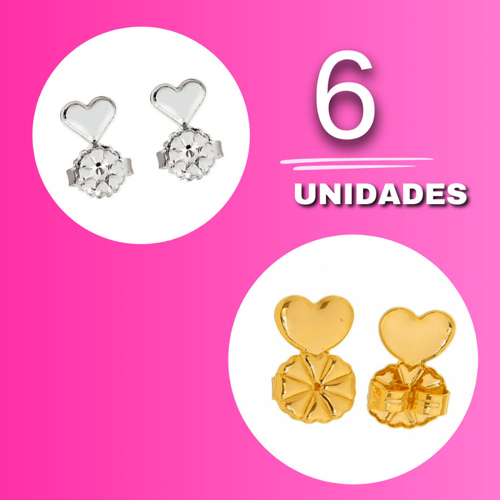 [ SEMI JOIA ] Kit 6 Unidades Tarraxa Mágica Sustentação Brincos Orelha Rasgada, Banho em Ouro 18k Alto Padrão Anti Alérg