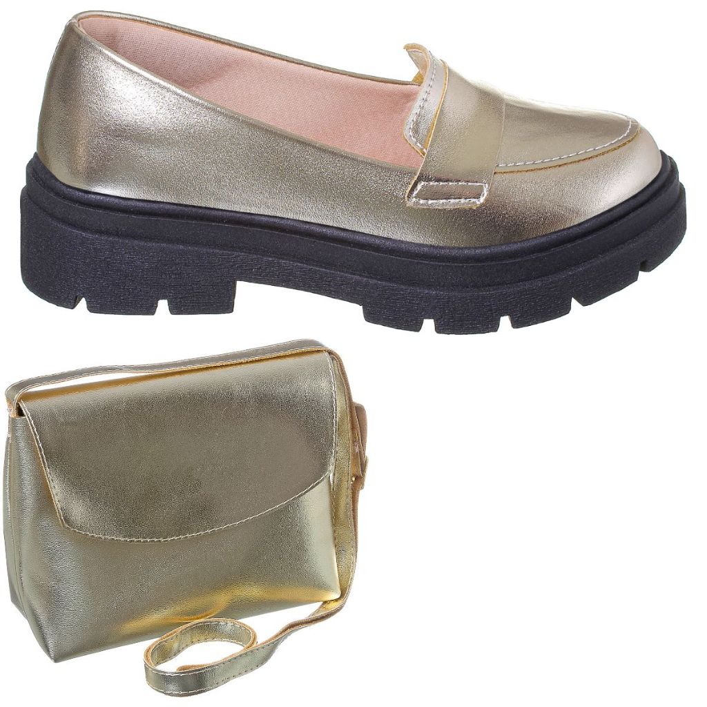 Kit Mocassim Sapatilha Feminina Menina Bolsa de Ombro Social
