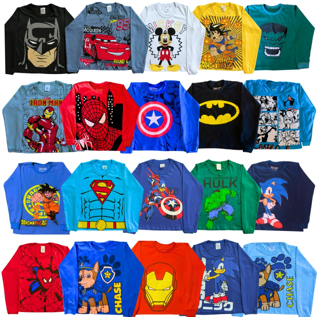 Kit 5 Camisetas Infantil Menino Manga Longa Estampada